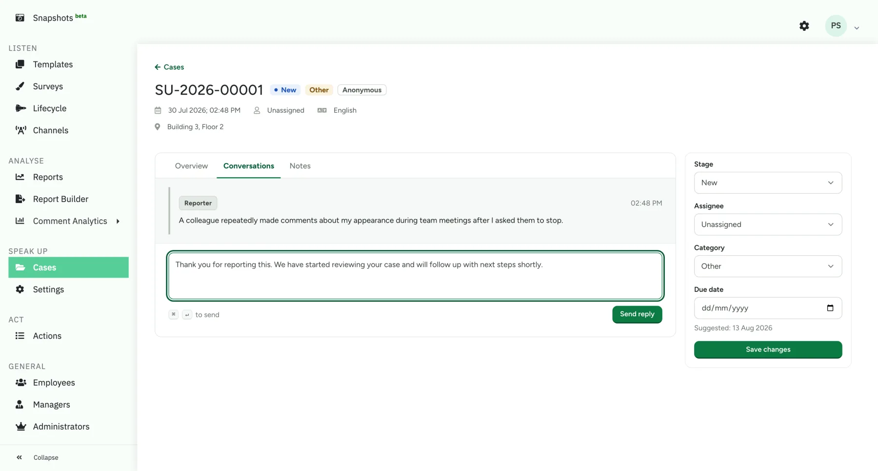 A Speak Up case's Conversations tab, showing the reporter's message and a drafted reply