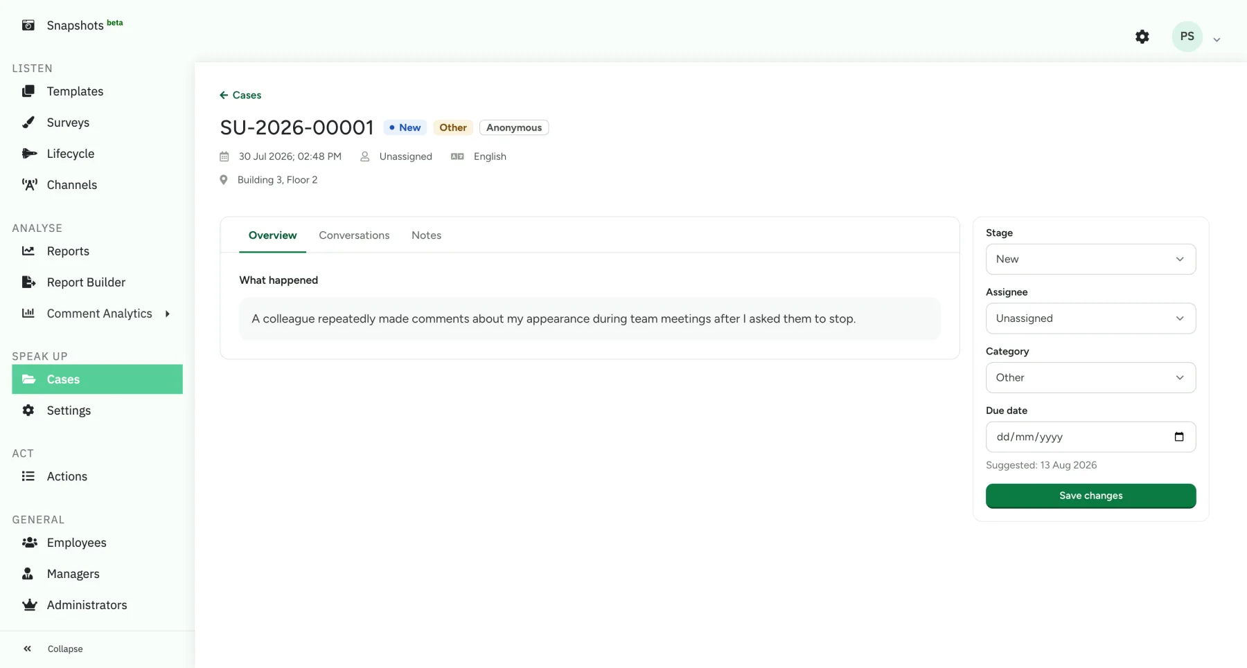 An individual Speak Up case's Overview tab, showing what happened alongside stage, assignee, category and due date