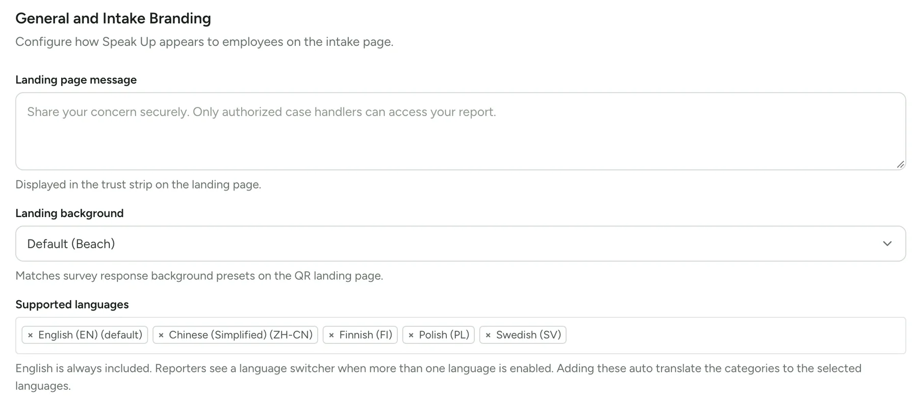 Speak Up settings, Supported languages, with Finnish and other organisation languages offered to reporters