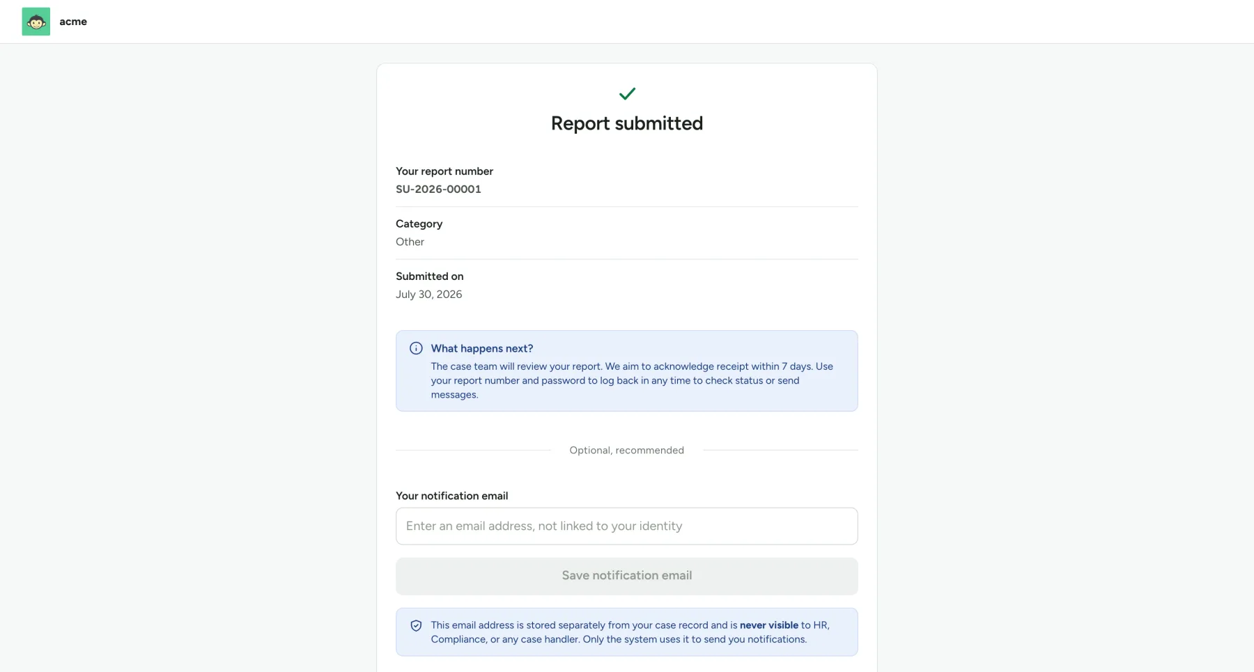 The Speak Up submission confirmation, showing the report number and the optional notification email field