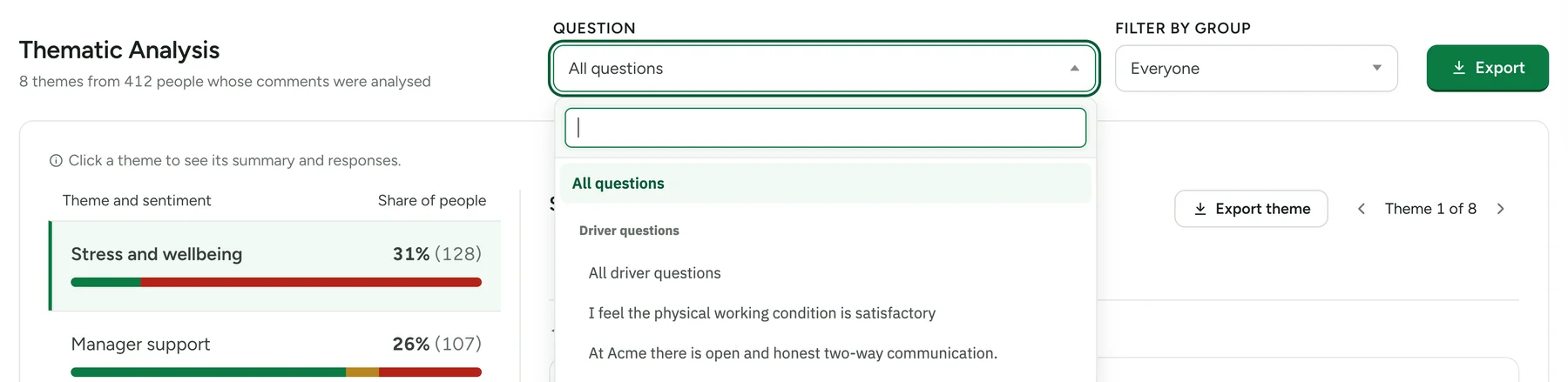 The Question filter open, listing All questions, then Driver questions with All driver questions and individual questions