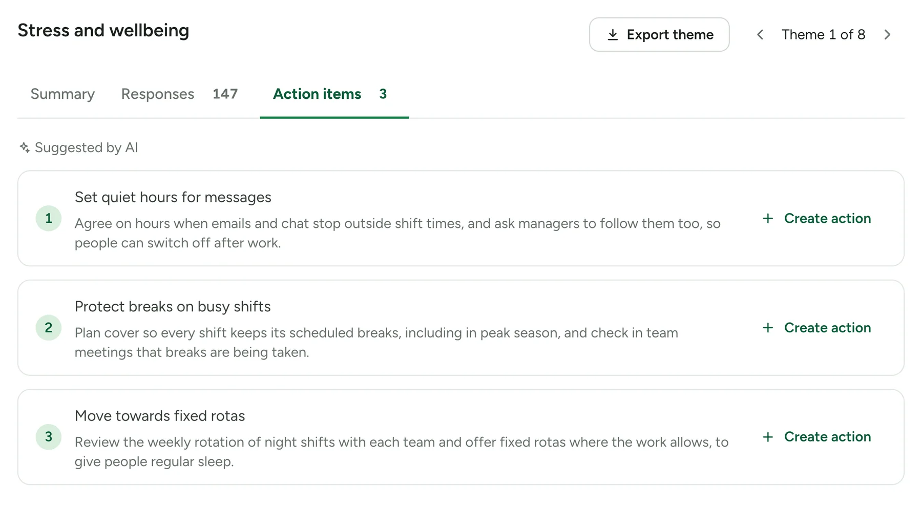 A theme's Action items tab with three actions suggested by AI, each with a Create action button