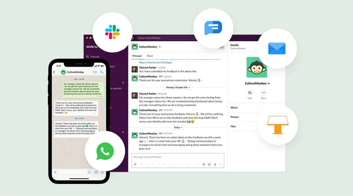 CultureMonkey omnichannel pulse survey delivery via WhatsApp, Slack, and Teams with anonymous feedback and action loop closure