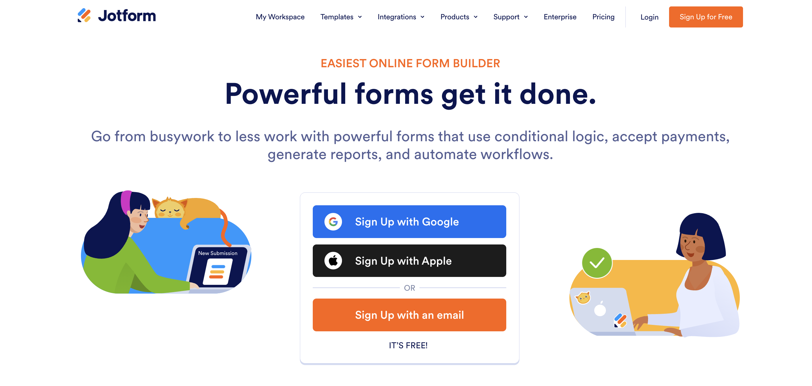 Jotform homepage showing no-code form builder with conditional logic, workflow automation, and reporting features