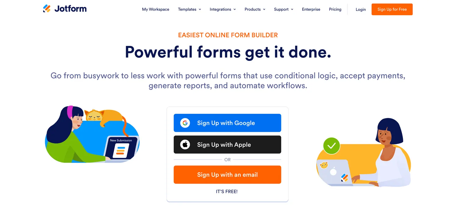 Jotform homepage showing no-code form builder with conditional logic, workflow automation, and reporting features