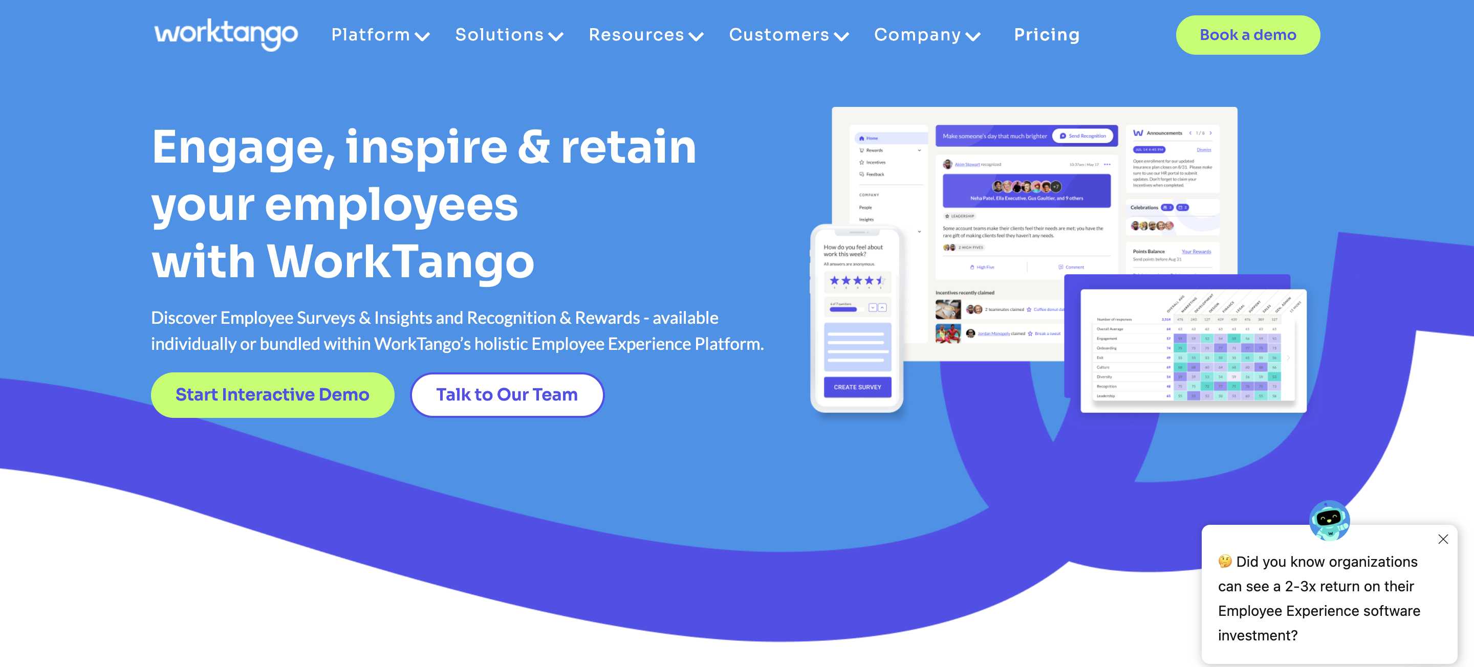 WorkTango employee experience platform showing pulse survey results alongside peer recognition feed