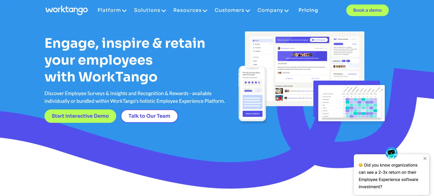 WorkTango employee experience platform showing pulse survey results alongside peer recognition feed