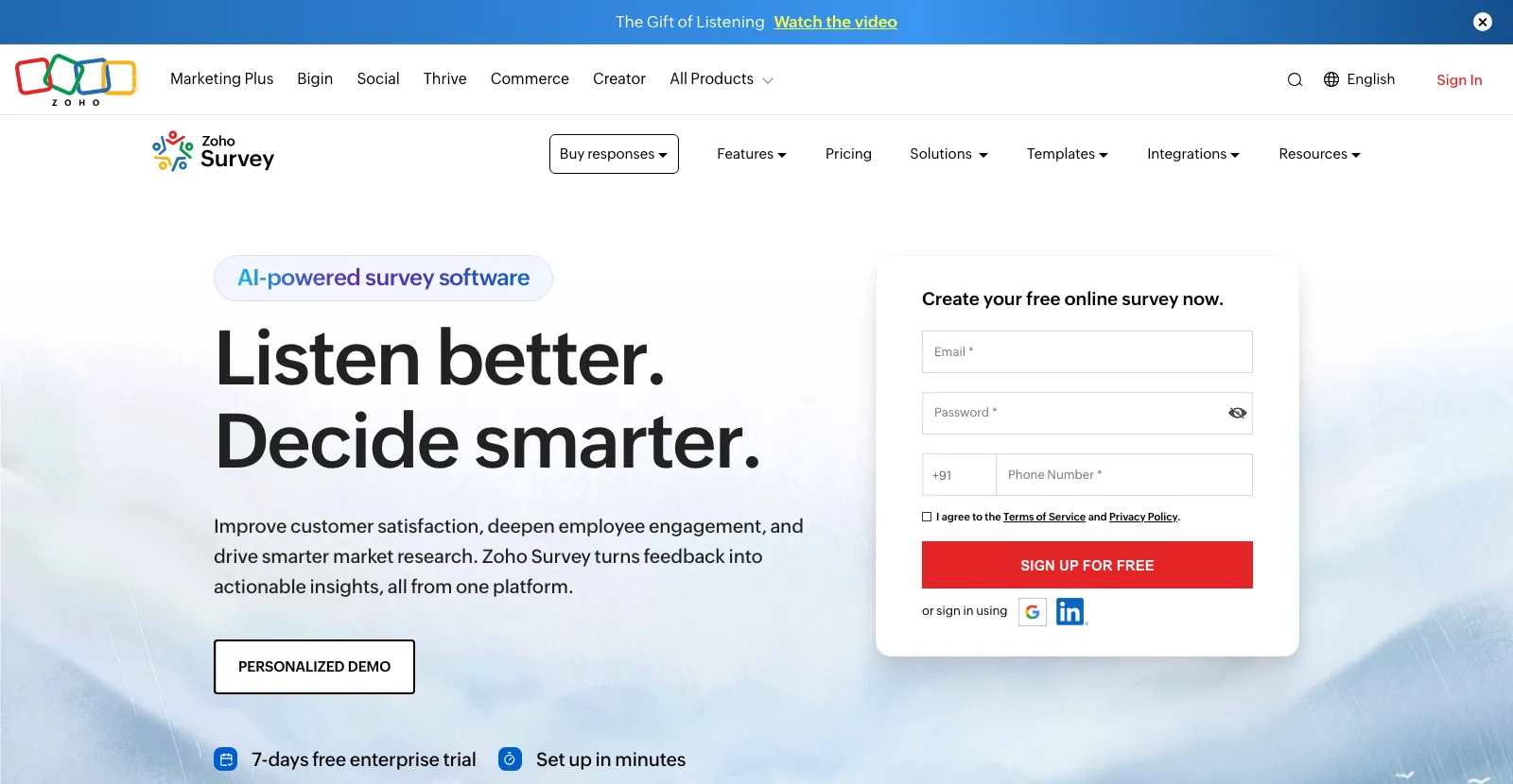 Zoho Survey - online survey software homepage
