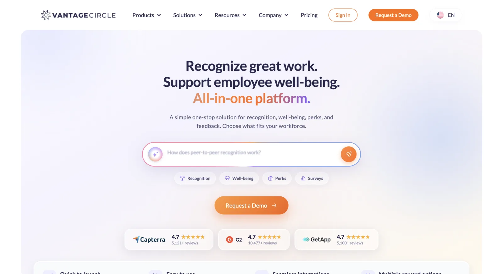 Vantage Circle - recognition and employee wellbeing platform homepage