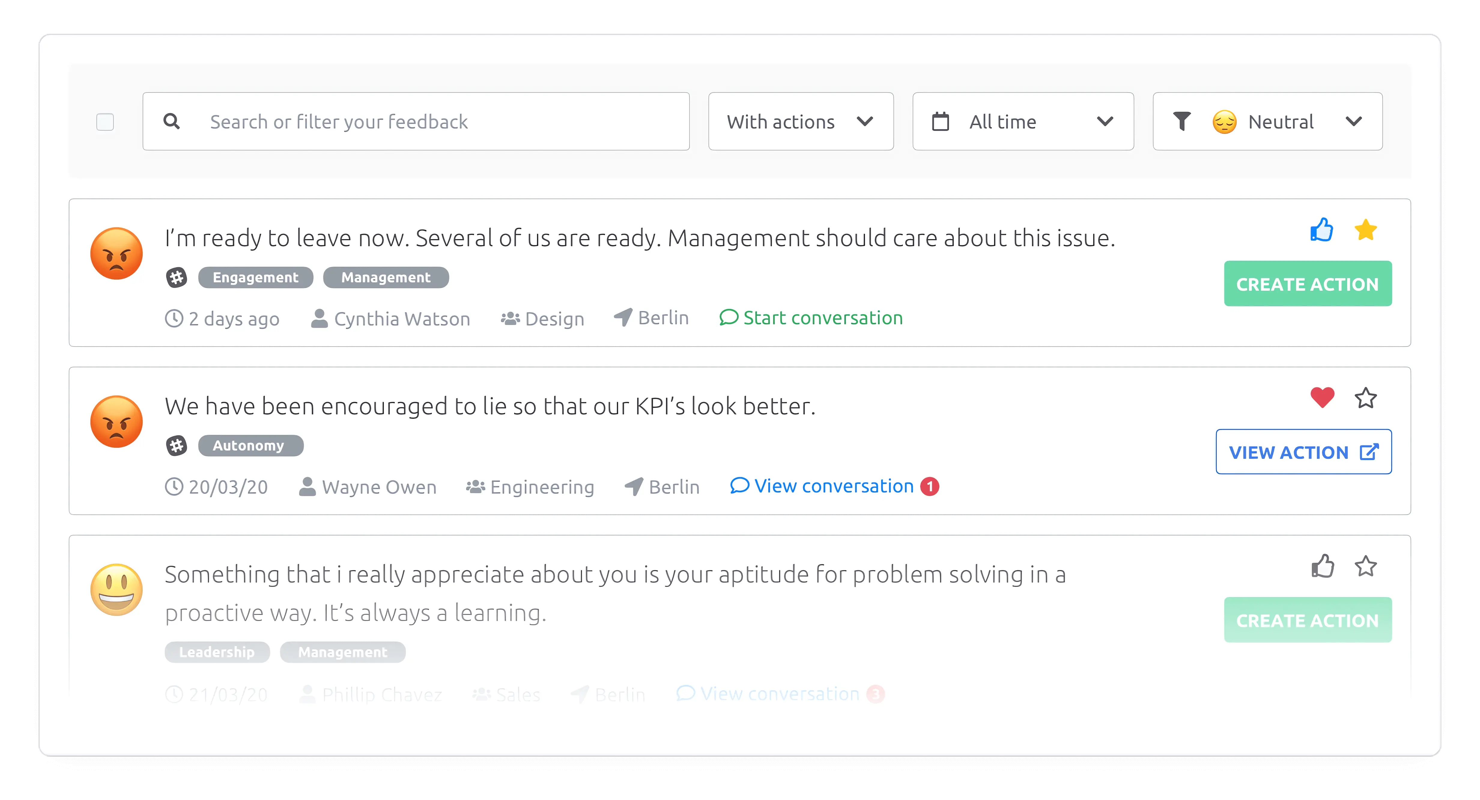 Organized employee feedback management with sentiment analysis within our employee feedback software