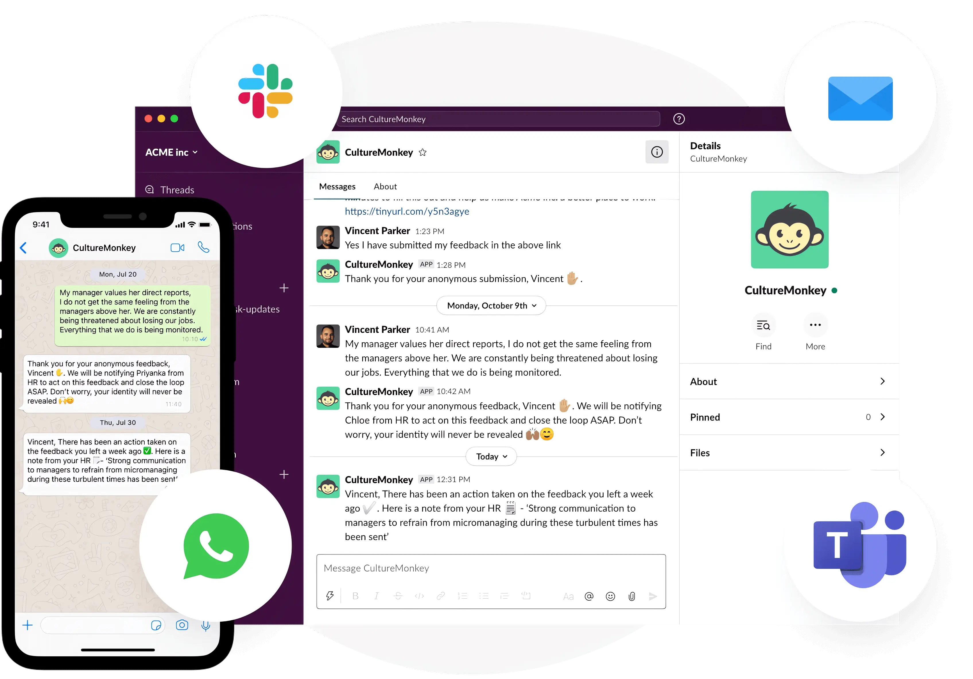 Enhance employee feedback participation rates with popular social channels like WhatsApp, Teams, and Slack.