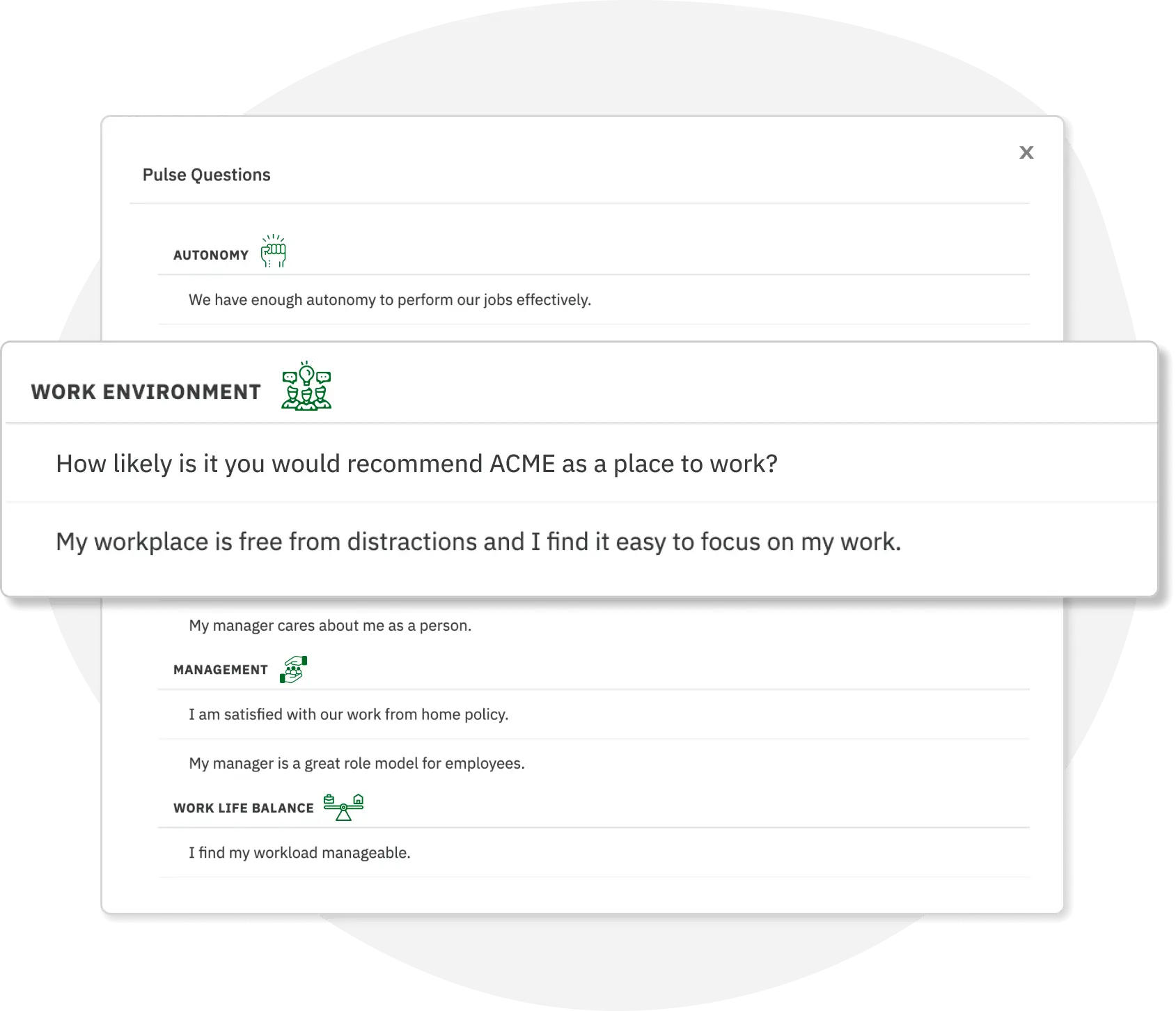 Leverage relevant employee pulse survey questions within the platform to gauge the actual pulse of your organization
