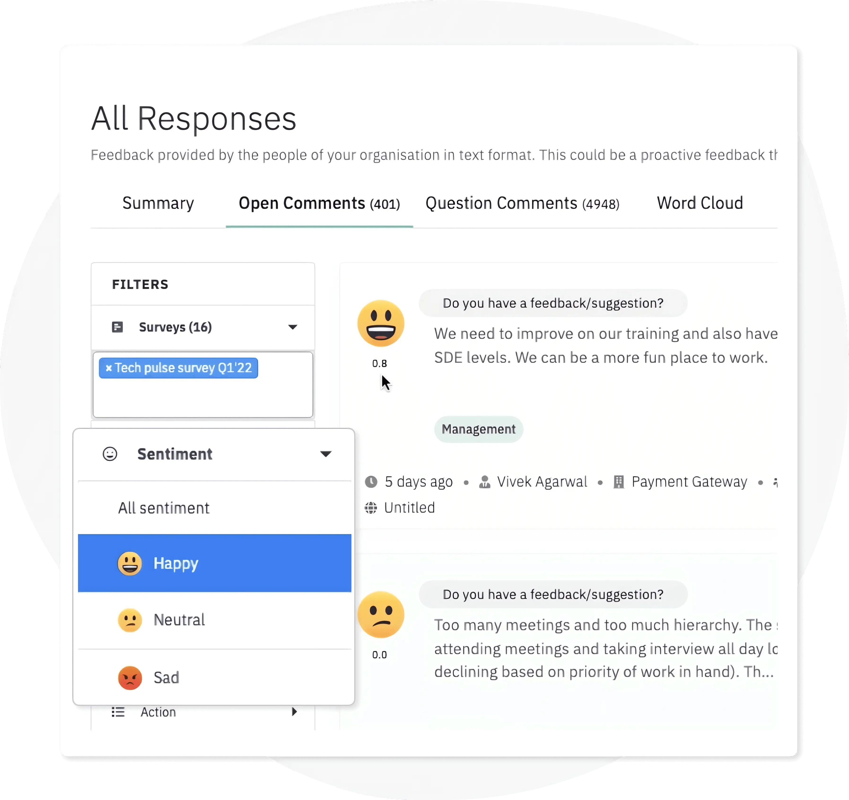 Analyze employee feedback by filtering out their response through their sentiment 