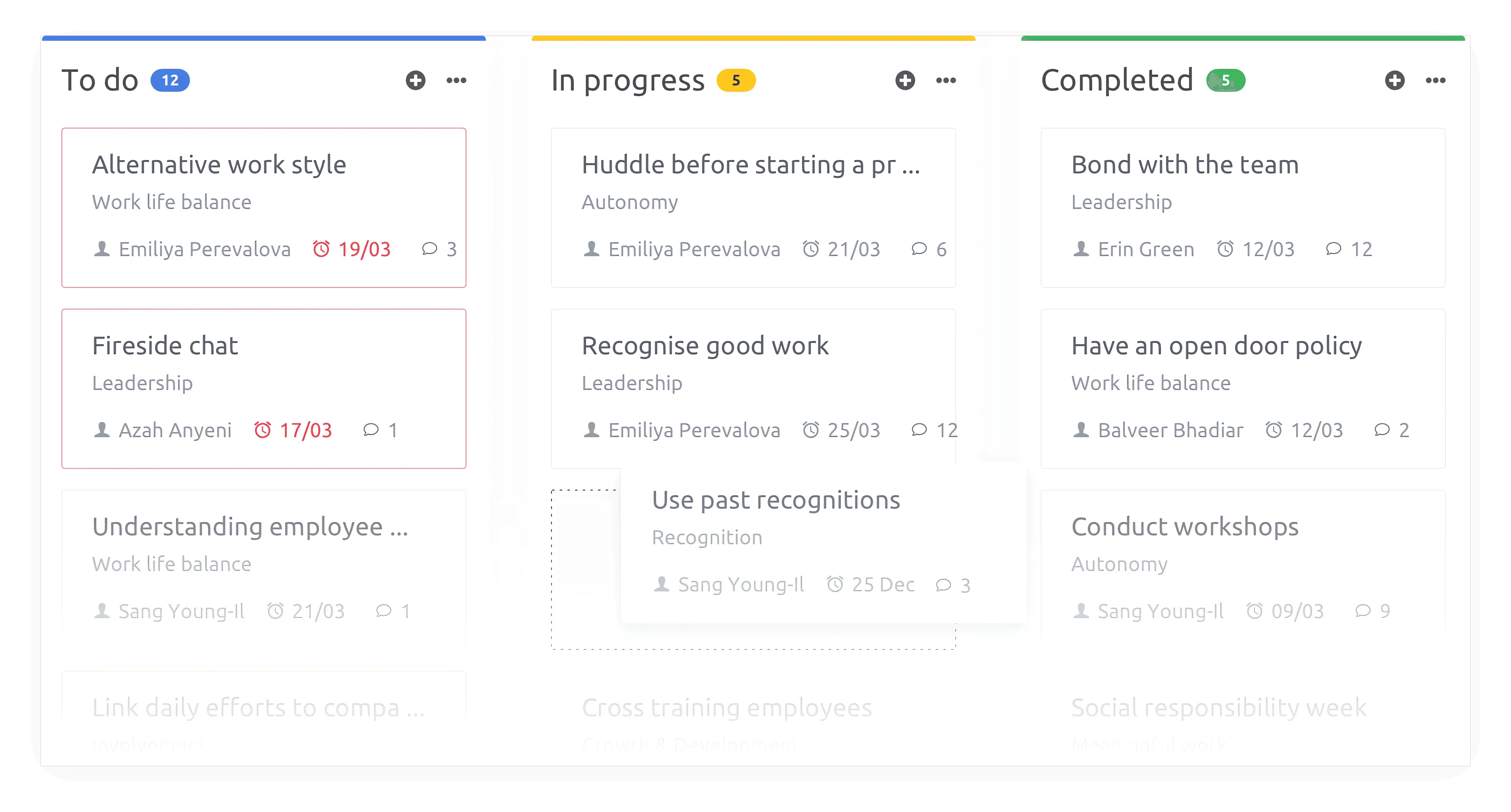 Managing employee feedback based on employee engagement survey results using kanban board